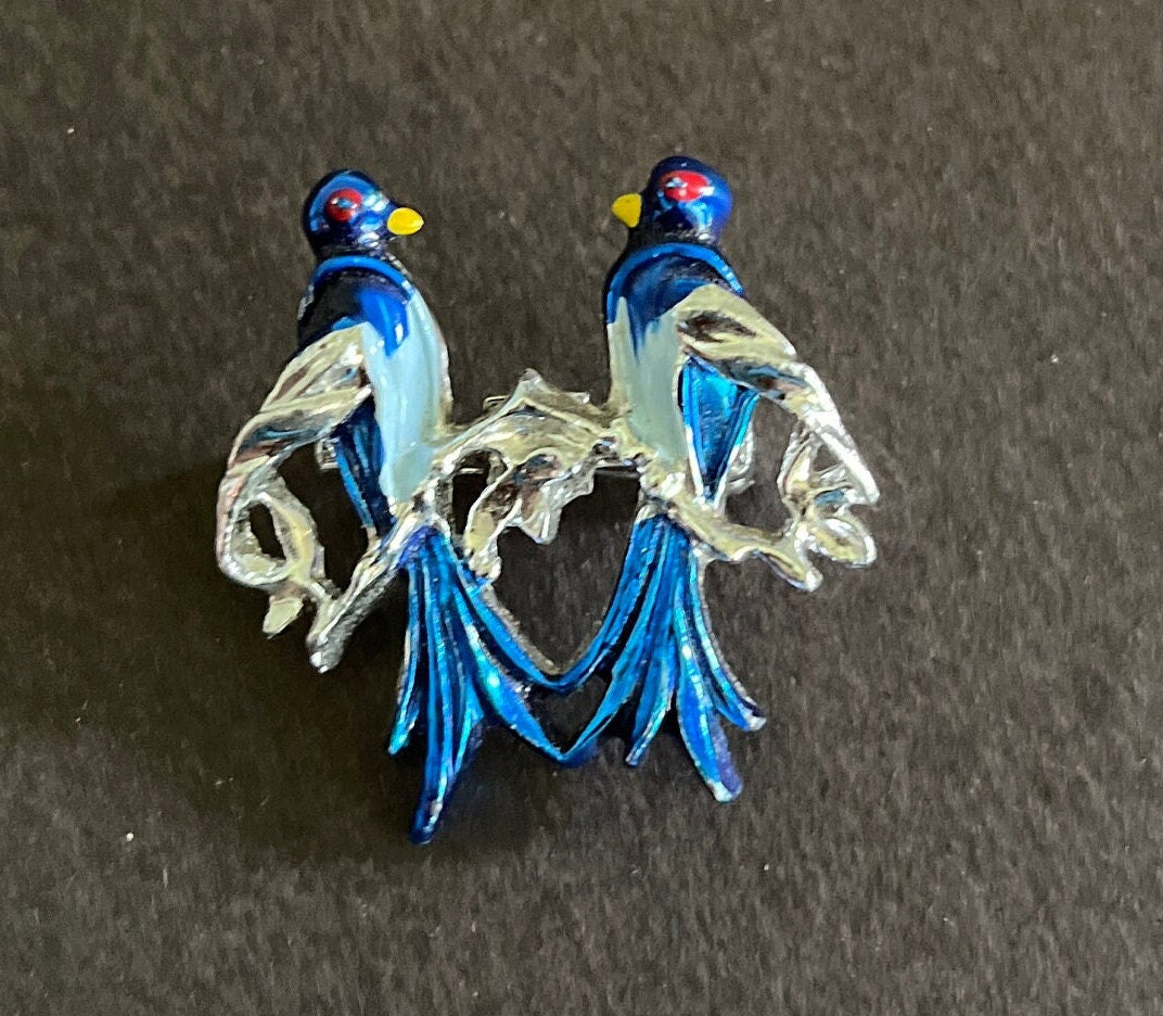 Vintage Silver stone & Enamel Blue Lovebirds Brooch