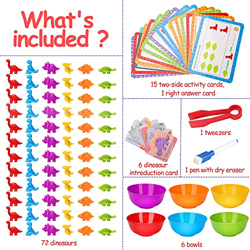 Counting Dinosaurs Toys Matching Games for Kids with Sorting Bowls Toddler Learning Activities Manipulatives Preschool Must Have Counters Montessori Fine Motor Skills Toys Age 2 3 4 5 Years (102 PCS)