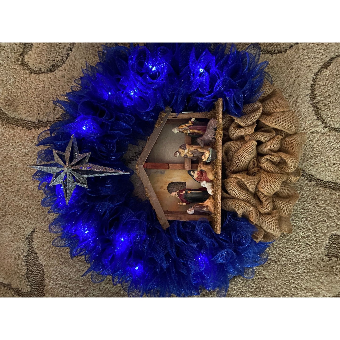 Nativity Wreath. Lights UP! Christmas in July Special! Religious wreath.