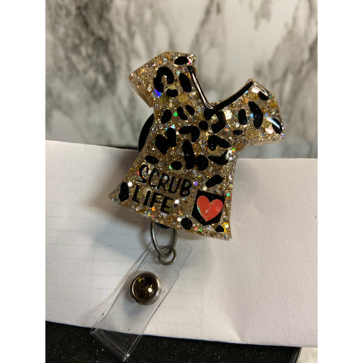 Leopard print scrub top badge reel. Gold scrub top badge reel.