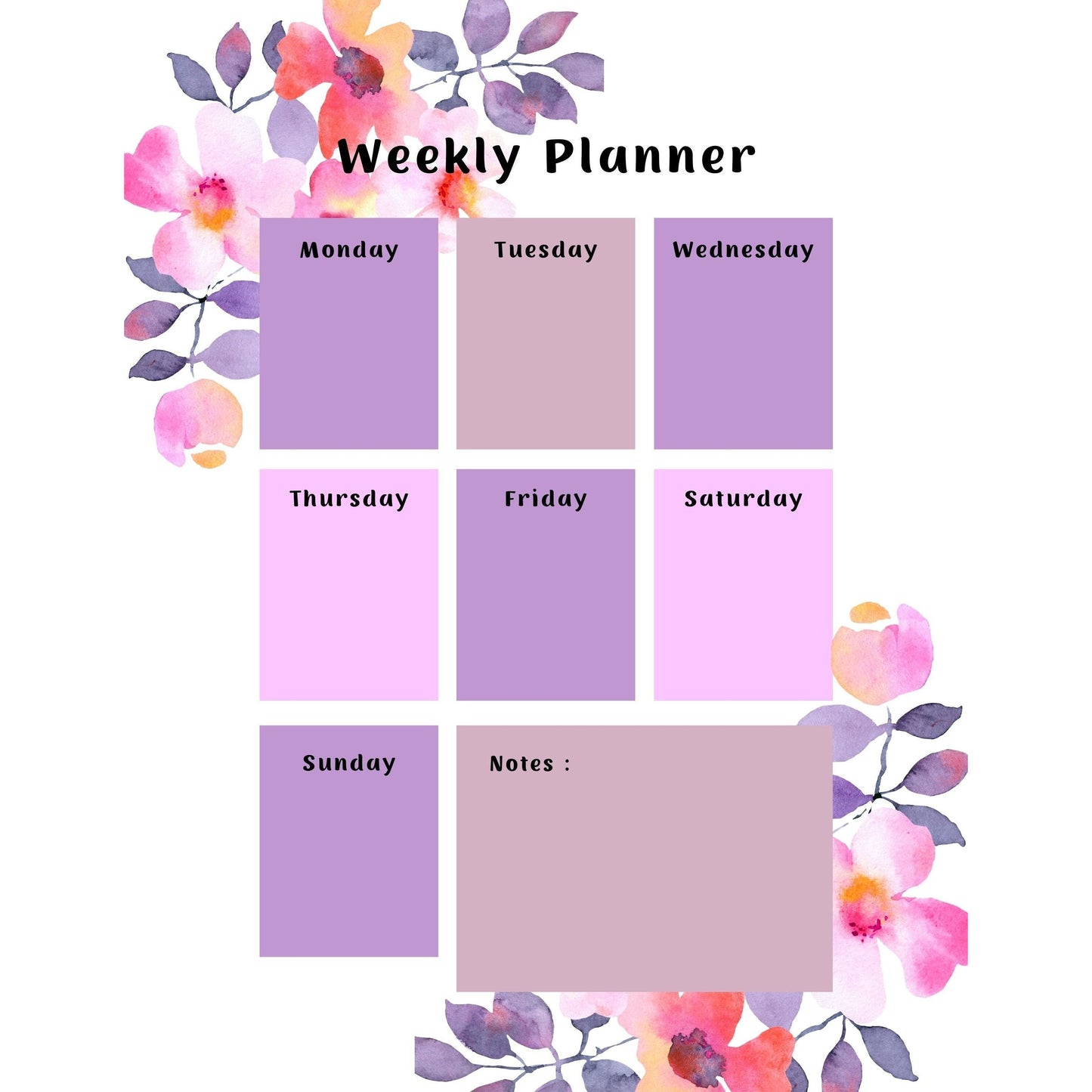 Weekly Planner digital file to do list flowers watercolor chore list pdf