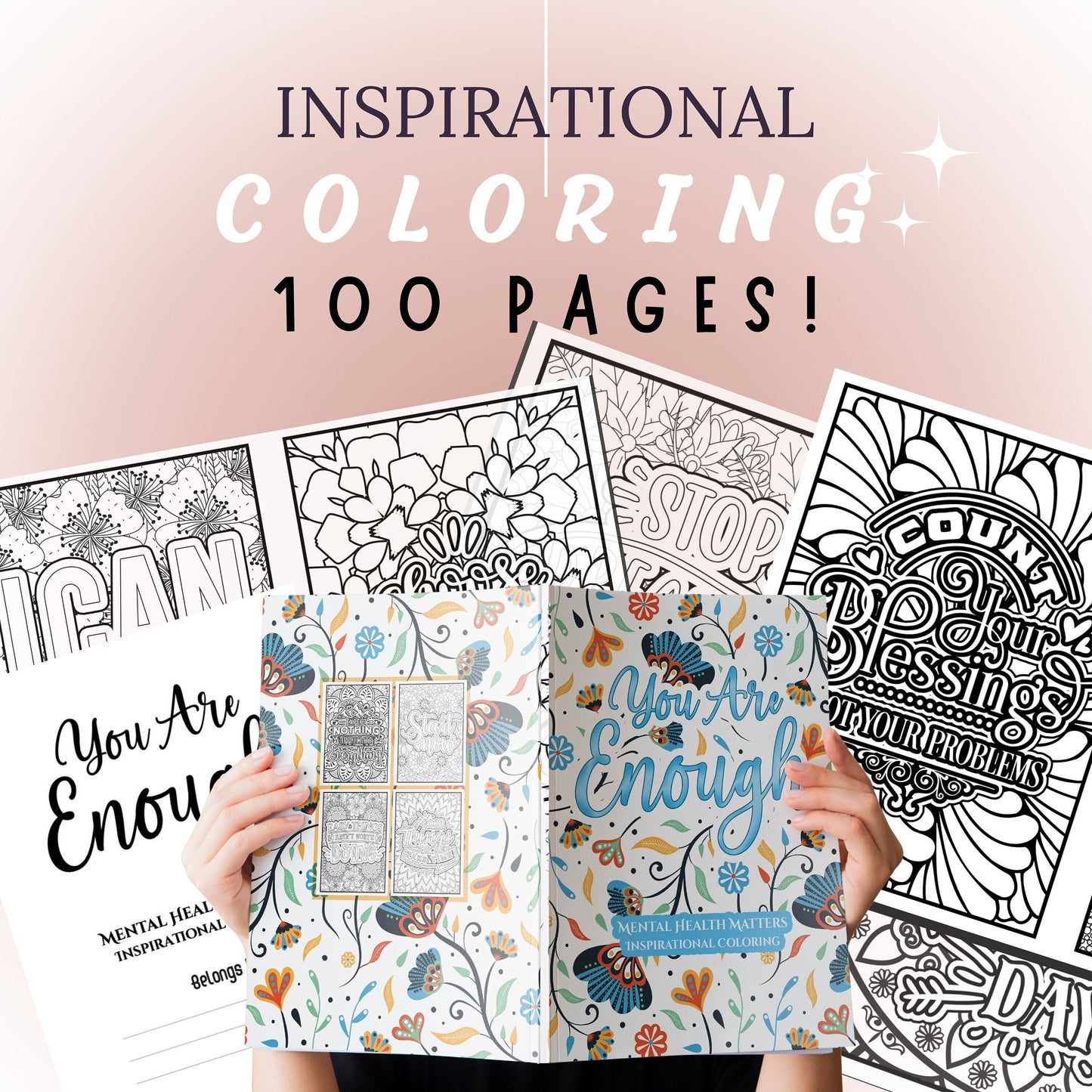 Coloring book pages | Encouragement quotes | 20 different designs | Adult coloring print from home