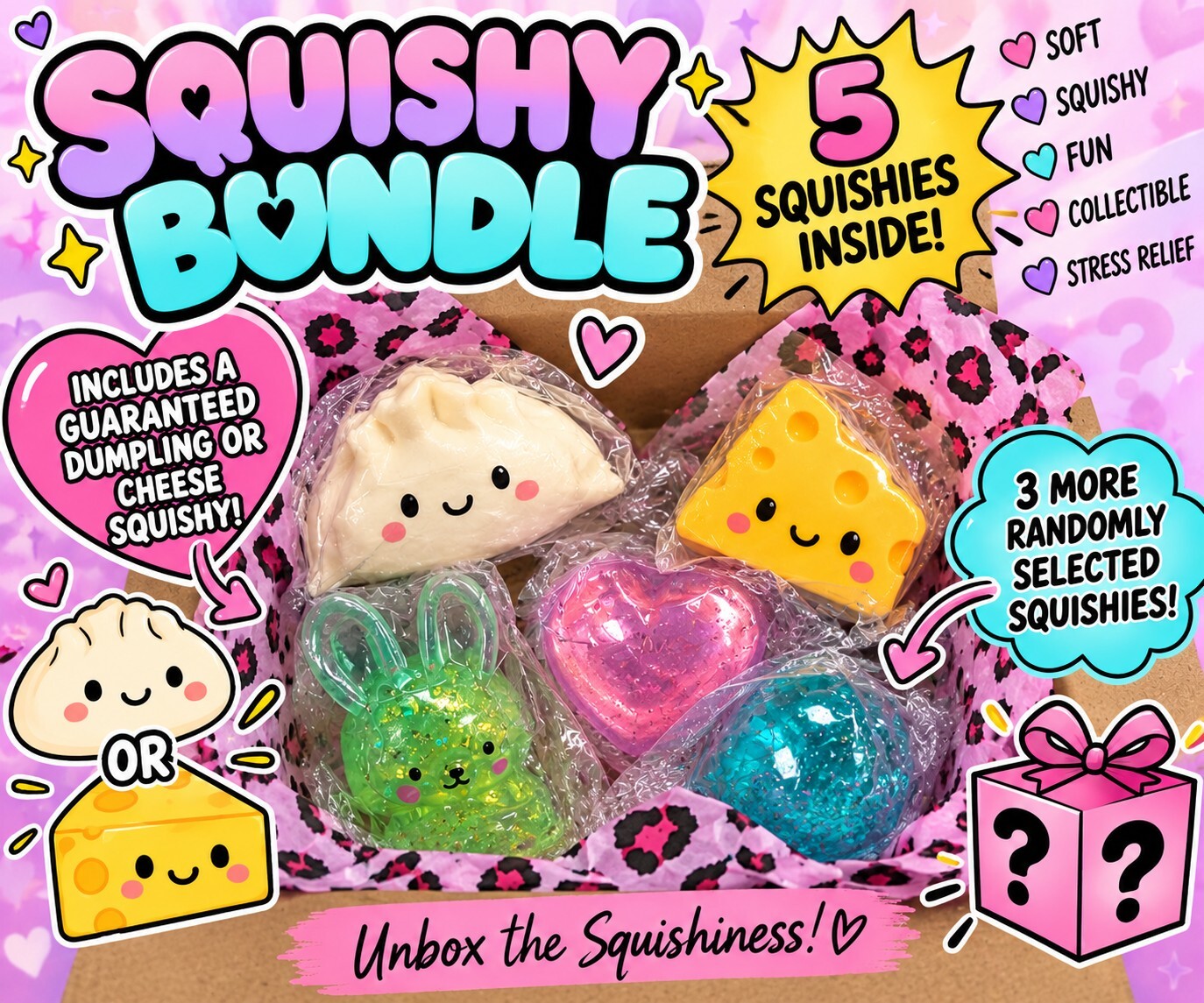 MYSTERY 5 Squishy Box, Squish Toy, Fidget Toy, Mystery Mix, Cheese, Surprise Box