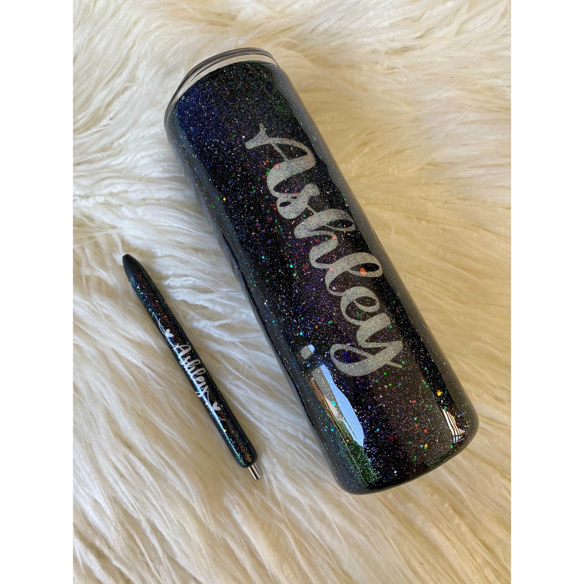 Galaxy tumbler with matching custom pen.