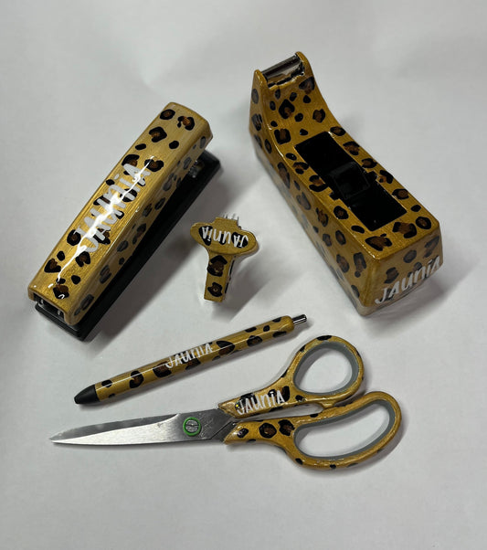 Five piece custom personalized office set. Leopard print with name teacher gift office gift birthday