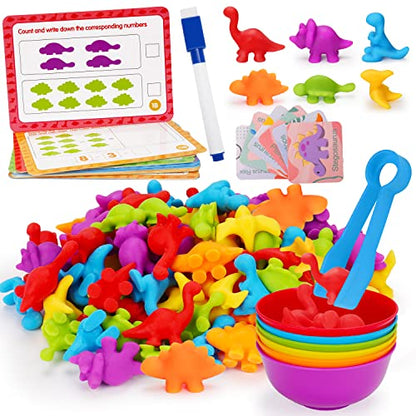 Counting Dinosaurs Toys Matching Games for Kids with Sorting Bowls Toddler Learning Activities Manipulatives Preschool Must Have Counters Montessori Fine Motor Skills Toys Age 2 3 4 5 Years (102 PCS)
