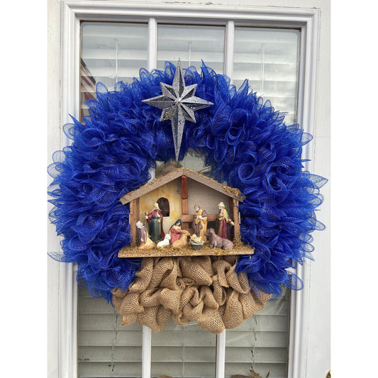 Nativity Wreath. Lights UP! Christmas in July Special! Religious wreath.