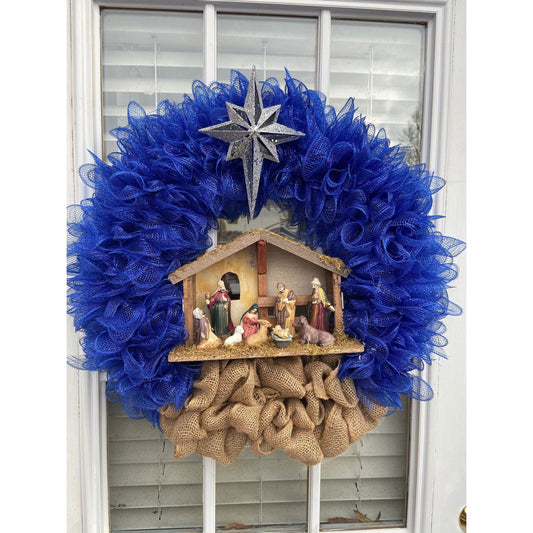 Nativity Wreath. Lights UP! Christmas in July Special! Religious wreath.