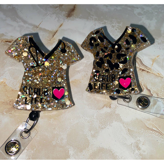 Leopard print scrub top badge reel. Gold scrub top badge reel.
