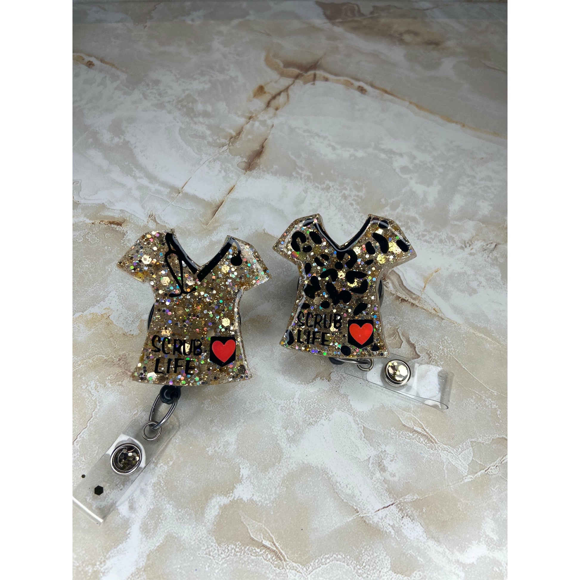 Leopard print scrub top badge reel. Gold scrub top badge reel.