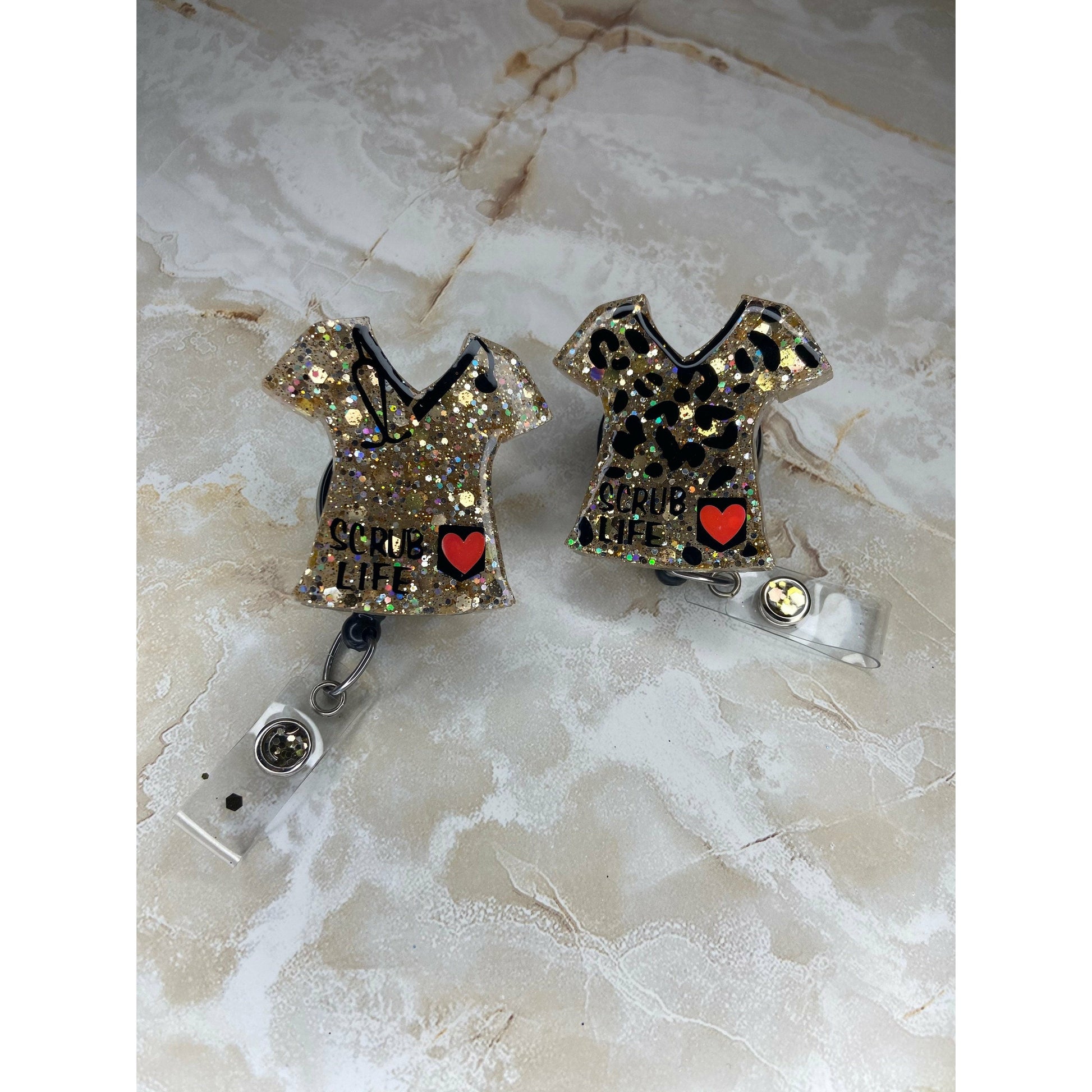 Leopard print scrub top badge reel. Gold scrub top badge reel.
