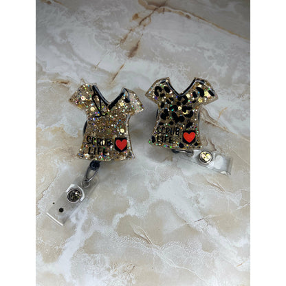 Leopard print scrub top badge reel. Gold scrub top badge reel.