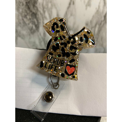 Leopard print scrub top badge reel. Gold scrub top badge reel.