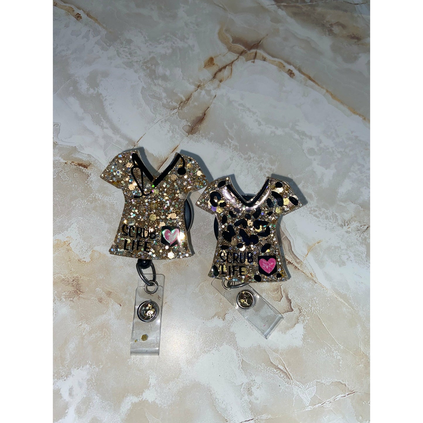 Leopard print scrub top badge reel. Gold scrub top badge reel.