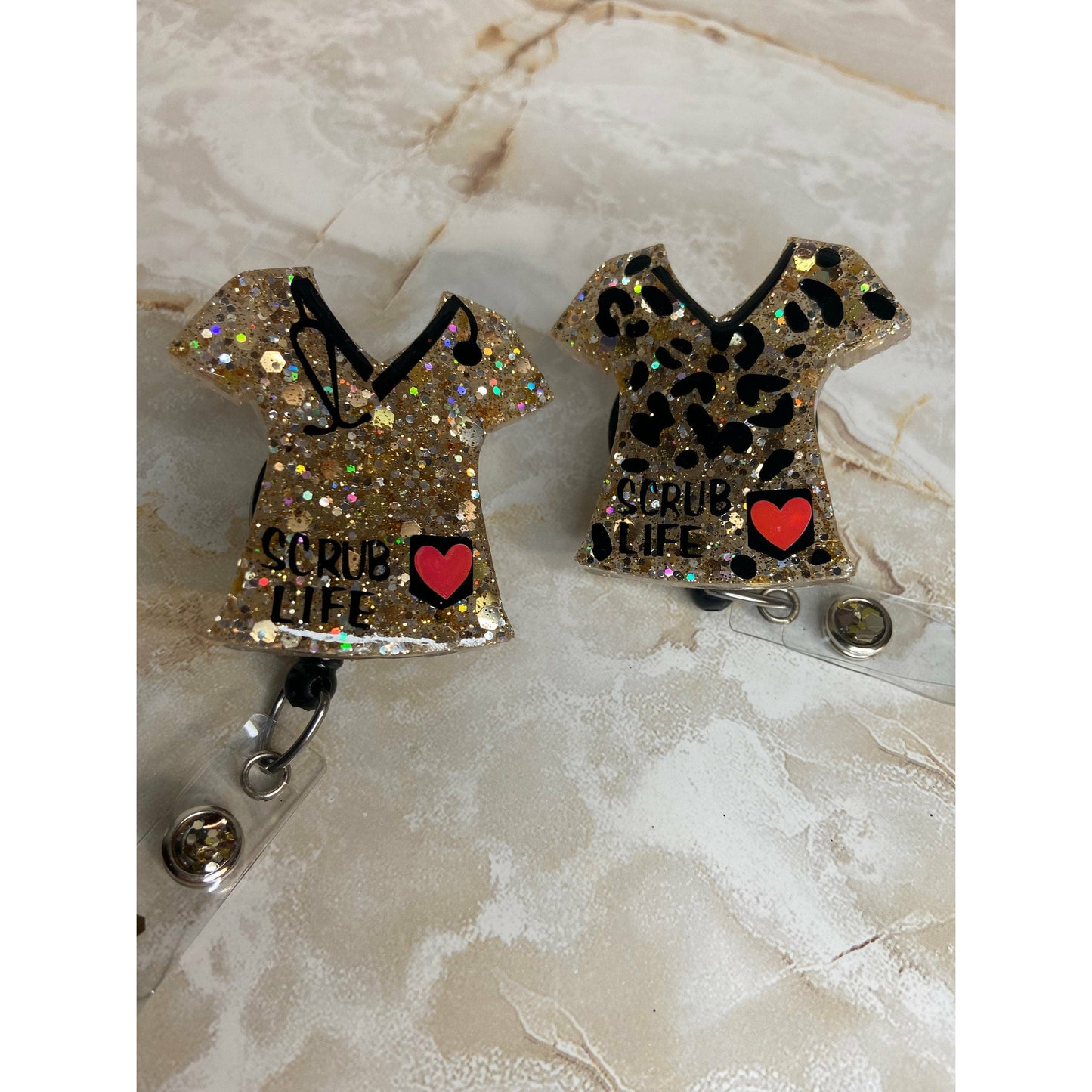 Leopard print scrub top badge reel. Gold scrub top badge reel.