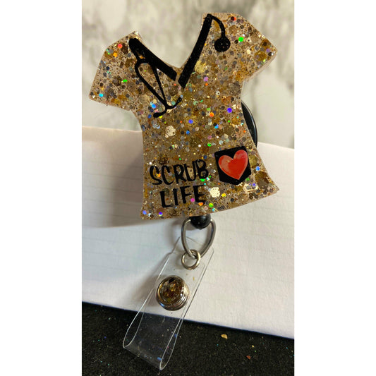 Leopard print scrub top badge reel. Gold scrub top badge reel.