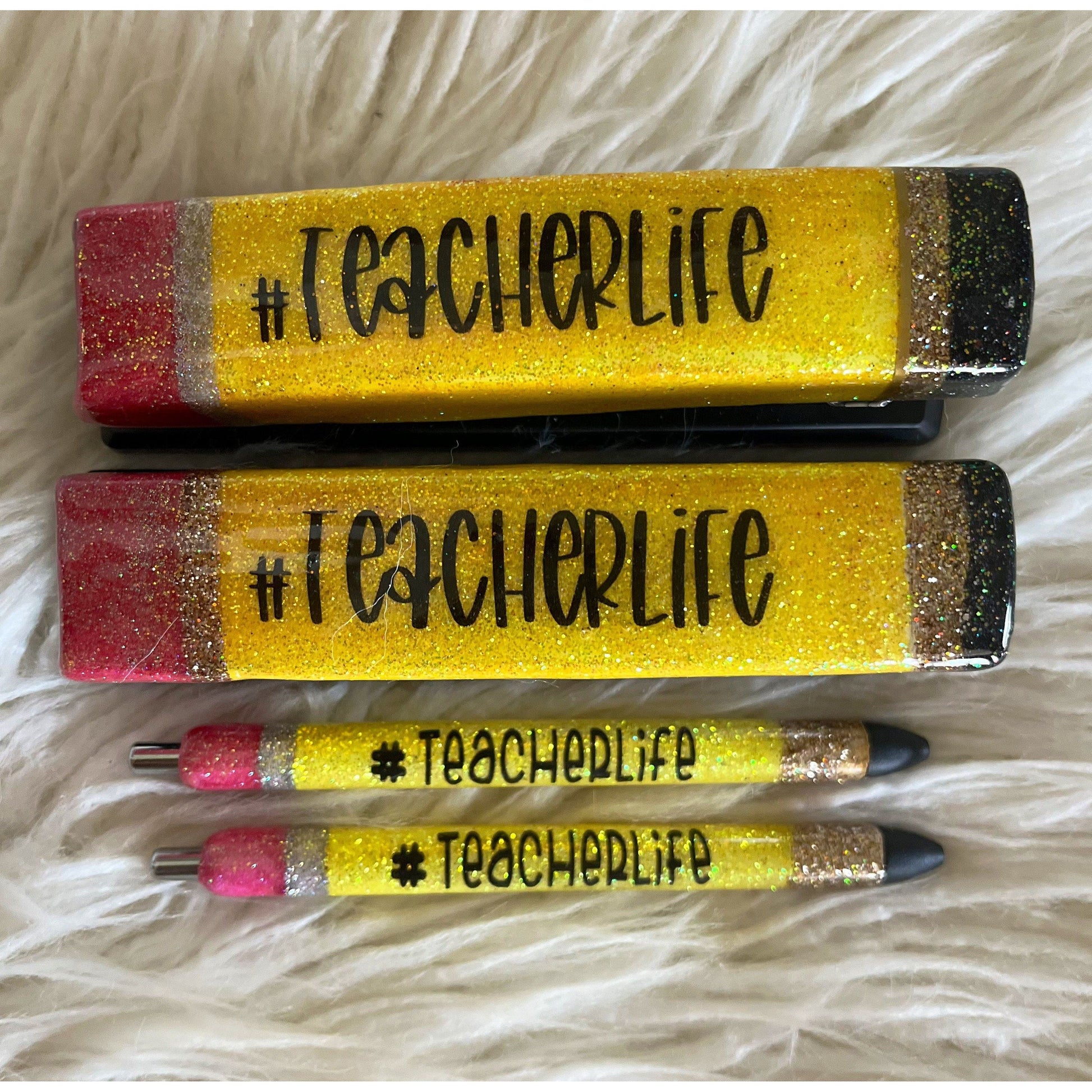 Teacher gift #teacherlife matching stapler and pen set. Teacher appreciation glitter pencil pen glitter stapler