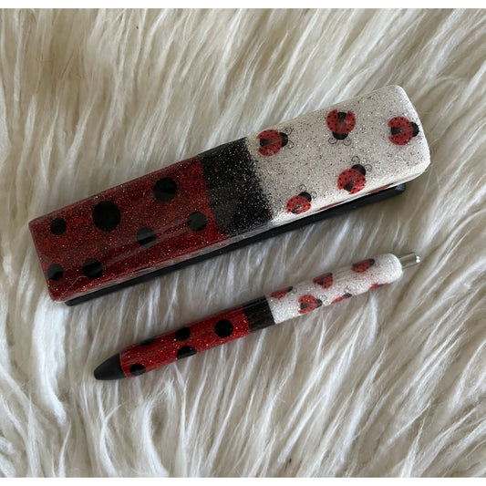 Ladybug Glitter Stapler Pen set office spring desk set custom stapler