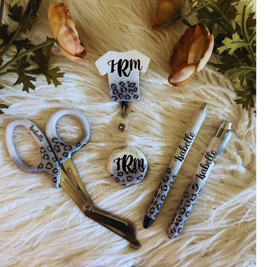 Personalized Leopard Print Medical Set, Nurse Set, Glitter Medical Shears, Glitter Pen, Glitter Medical Light Pen, Badge Reel, Full set